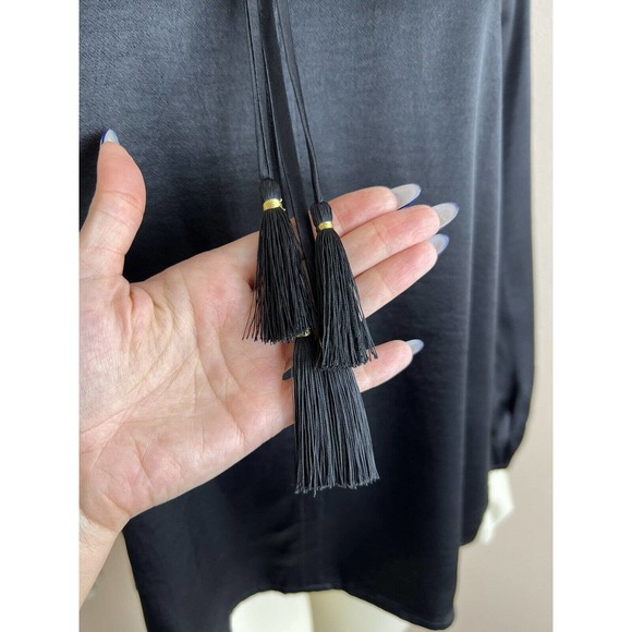 Johnny Was Calme Peasant Blouse XS Black Satin Tassel Split Neck Long Sleeve - Picture 9 of 13